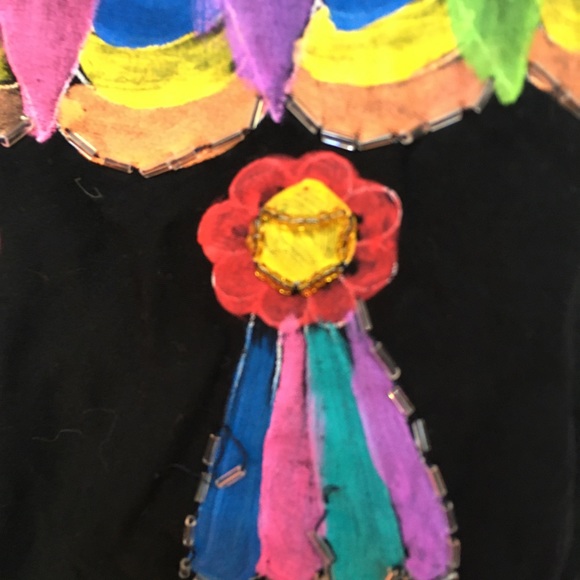 Vintage 90s T Jehnsen Inc Black Hand Painted Mexican Style Top Sequins Rainbow L - Picture 4 of 8